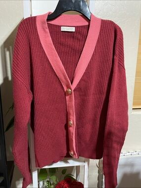 Ramy Brook Raspberry Cardigan with Pink Trim and Gold Buttons